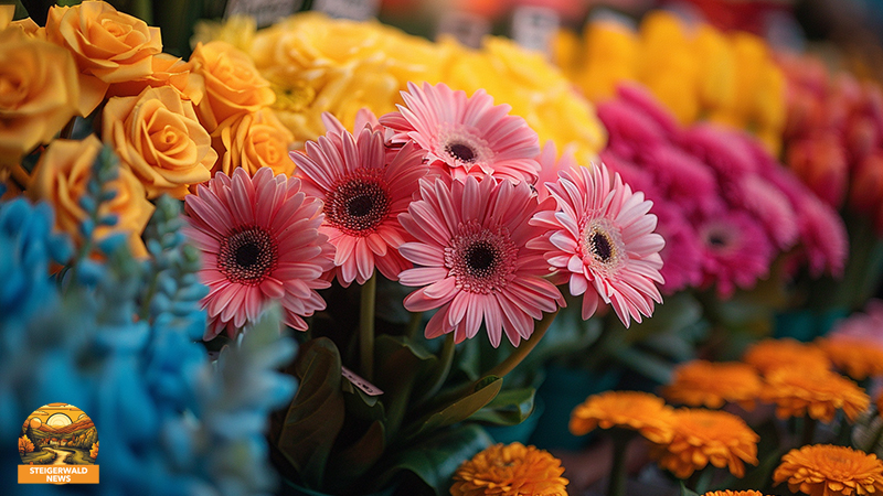 verschieden farbige Blumen zu einem Strauß gebunden