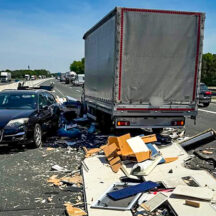 Auffahrunfall auf der A3 - Wohnwagen in Einzelteilen über Fahrbahn verteilt