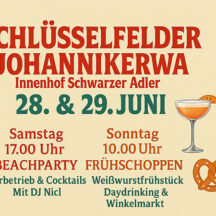 Am 28. & 29. Juni 2025 steigt die Johannikerwa in Schlüsselfeld mit Beachparty, Cocktails, DJ, Frühschoppen & Winkelmarkt. Jetzt Termin merken!