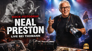 Rock-History in Bildern bei Thomann: Star-Fotograf Neal Preston kommt nach Treppendorf und spricht live über legendäre Aufnahmen, Weltstars und unvergessliche Konzertmomente.