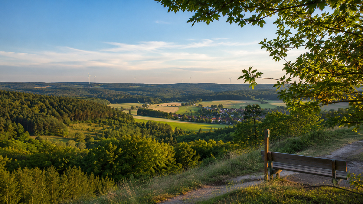 Ausflugsziele im Steigerwald - Landschaft, Bank Wald und Bäume