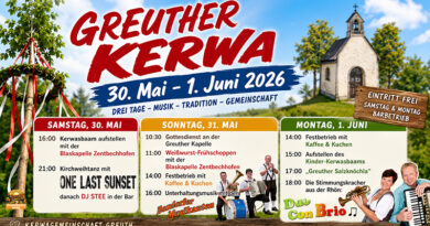 Die Greuther Kerwa 2026 findet vom 30. Mai bis 1. Juni statt. Mit Kerwasbaam, Gottesdienst, Musik, Frühschoppen, Kaffee, Kuchen und freiem Eintritt.