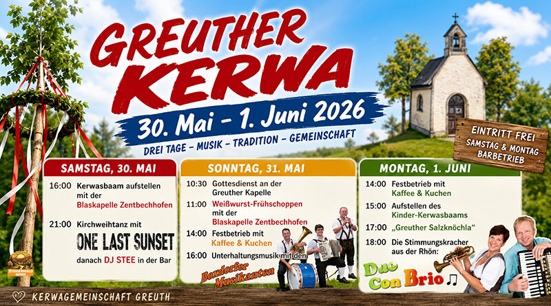 Die Greuther Kerwa 2026 findet vom 30. Mai bis 1. Juni statt. Mit Kerwasbaam, Gottesdienst, Musik, Frühschoppen, Kaffee, Kuchen und freiem Eintritt.