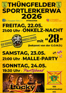 Sportlerkerwa Thüngfeld 2026 mit Böhse Onkelz Coverband, Malle-Party und der Partyband Lucky