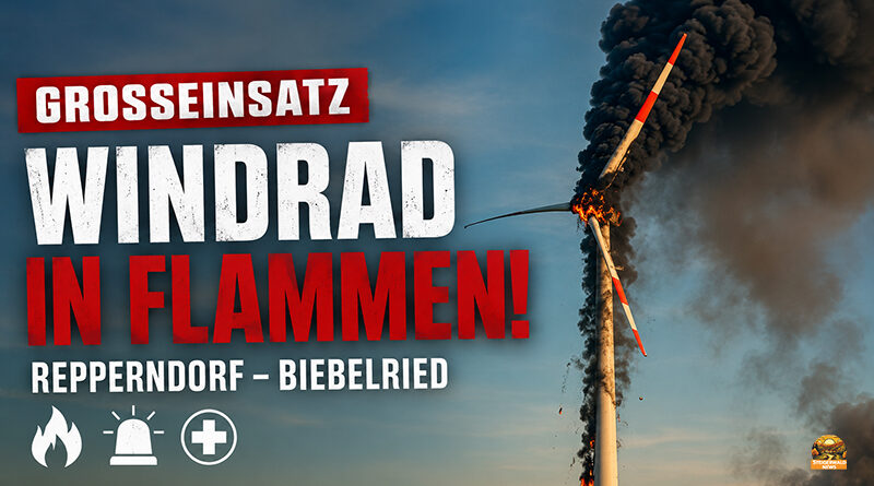 Brennendes Windrad zwischen Repperndorf und Biebelried mit dichter Rauchentwicklung während eines Großeinsatzes der Rettungskräfte.