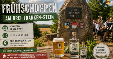 Frühschoppen am Drei-Franken-Stein 2026 - Bürgermeister von Schlüsselfeld, Geiselwind und Burghaslach präsentieren Bier und Gin