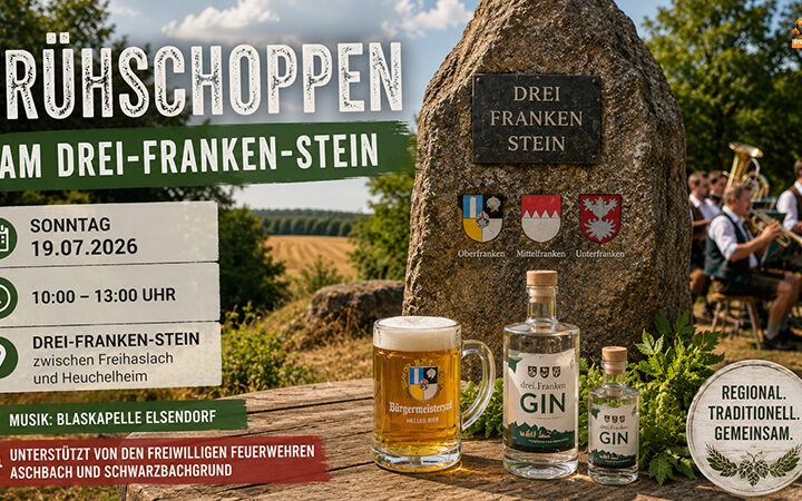 Frühschoppen am Drei-Franken-Stein 2026 - Bürgermeister von Schlüsselfeld, Geiselwind und Burghaslach präsentieren Bier und Gin