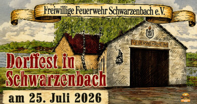 Die Freiwillige Feuerwehr Schwarzenbach lädt am 25. Juli 2026 zum Dorffest mit Kaffee und Kuchen, Kinderprogramm, Grillspezialitäten, Barbetrieb und Musik ein. Höchstadt-Aisch, Mittelfranken Steigerwald
