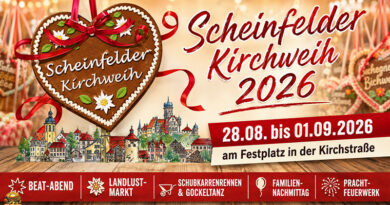 Scheinfelder Kirchweih 2026 - Vom 28. August bis 1. September warten Musik, LandLust-Markt, Oldtimer, Familientag und Feuerwerk auf die Besucher.
