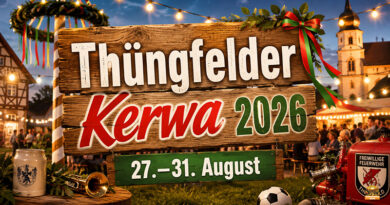 Die Thüngfelder Kerwa findet vom 27. bis 31. August 2026 statt. Alle Termine zu Musik, Fußball, Baumaufstellen, Mittagstisch und Karpfen im Überblick.