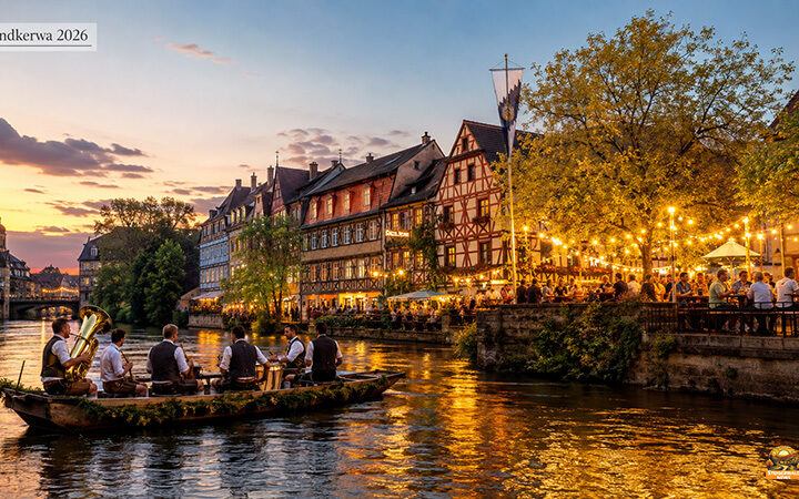 Sandkerwa Bamberg 2026: Programm, Anreise und Tipps - Boot fährt auf der Regnitz. Stimmungsvolle Blasmusik. Im Hintergrund das Alte Rathaus.