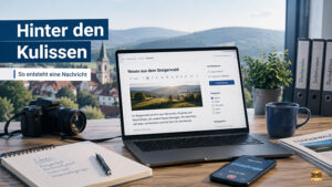 Wie entsteht eine regionale Nachricht? Blick hinter Steigerwald-News. Wie entsteht ein Artikel bei Steigerwald-News? Ein Blick auf Themenauswahl, Recherche, Aufbereitung, Bilder, Google und soziale Netzwerke.
