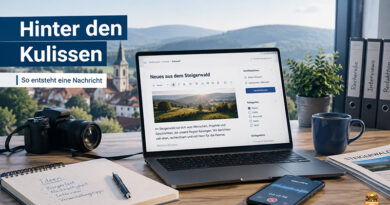 Wie entsteht eine regionale Nachricht? Blick hinter Steigerwald-News. Wie entsteht ein Artikel bei Steigerwald-News? Ein Blick auf Themenauswahl, Recherche, Aufbereitung, Bilder, Google und soziale Netzwerke.