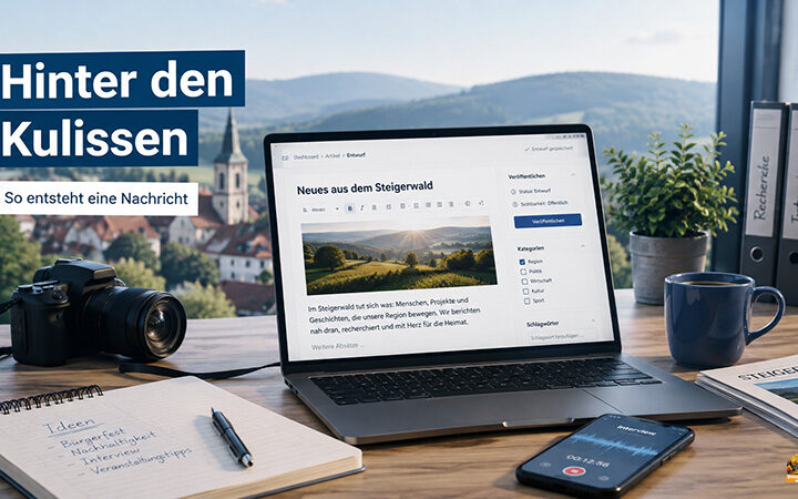 Wie entsteht eine regionale Nachricht? Blick hinter Steigerwald-News. Wie entsteht ein Artikel bei Steigerwald-News? Ein Blick auf Themenauswahl, Recherche, Aufbereitung, Bilder, Google und soziale Netzwerke.