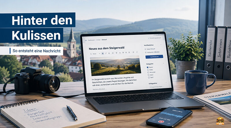 Wie entsteht eine regionale Nachricht? Blick hinter Steigerwald-News. Wie entsteht ein Artikel bei Steigerwald-News? Ein Blick auf Themenauswahl, Recherche, Aufbereitung, Bilder, Google und soziale Netzwerke.