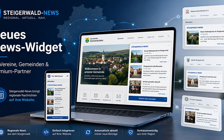 Steigerwald-News startet ein News-Widget für Gemeinden, Vereine und Premium-Partner. Aktuelle regionale Beiträge erscheinen automatisch auf der eigenen Webseite.