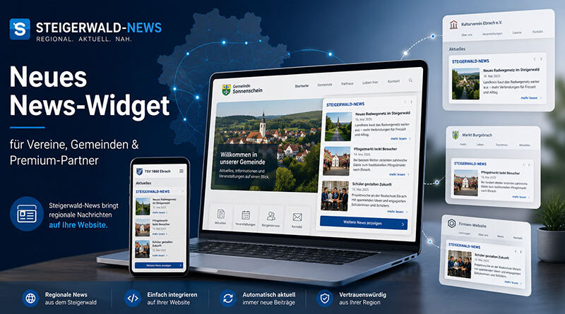 Steigerwald-News startet ein News-Widget für Gemeinden, Vereine und Premium-Partner. Aktuelle regionale Beiträge erscheinen automatisch auf der eigenen Webseite.