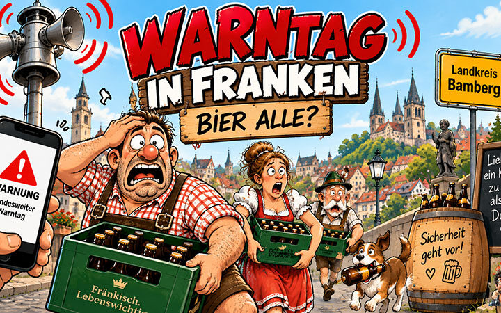 Bundesweiter Warntag 2026 Probealarm am 10. September 2026. Landkreis Bamberg, Landkreis Erlangen-Höchstadt, Landkreis Neustadt Aisch - Bad Windsheim. Warntag in Franken – Sirenen heulen, weil angeblich das Bier ausgegangen ist