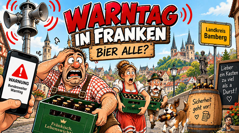 Bundesweiter Warntag 2026 Probealarm am 10. September 2026. Landkreis Bamberg, Landkreis Erlangen-Höchstadt, Landkreis Neustadt Aisch - Bad Windsheim. Warntag in Franken – Sirenen heulen, weil angeblich das Bier ausgegangen ist