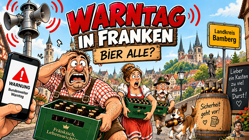 Bundesweiter Warntag 2026 Probealarm am 10. September 2026. Landkreis Bamberg, Landkreis Erlangen-Höchstadt, Landkreis Neustadt Aisch - Bad Windsheim. Warntag in Franken – Sirenen heulen, weil angeblich das Bier ausgegangen ist