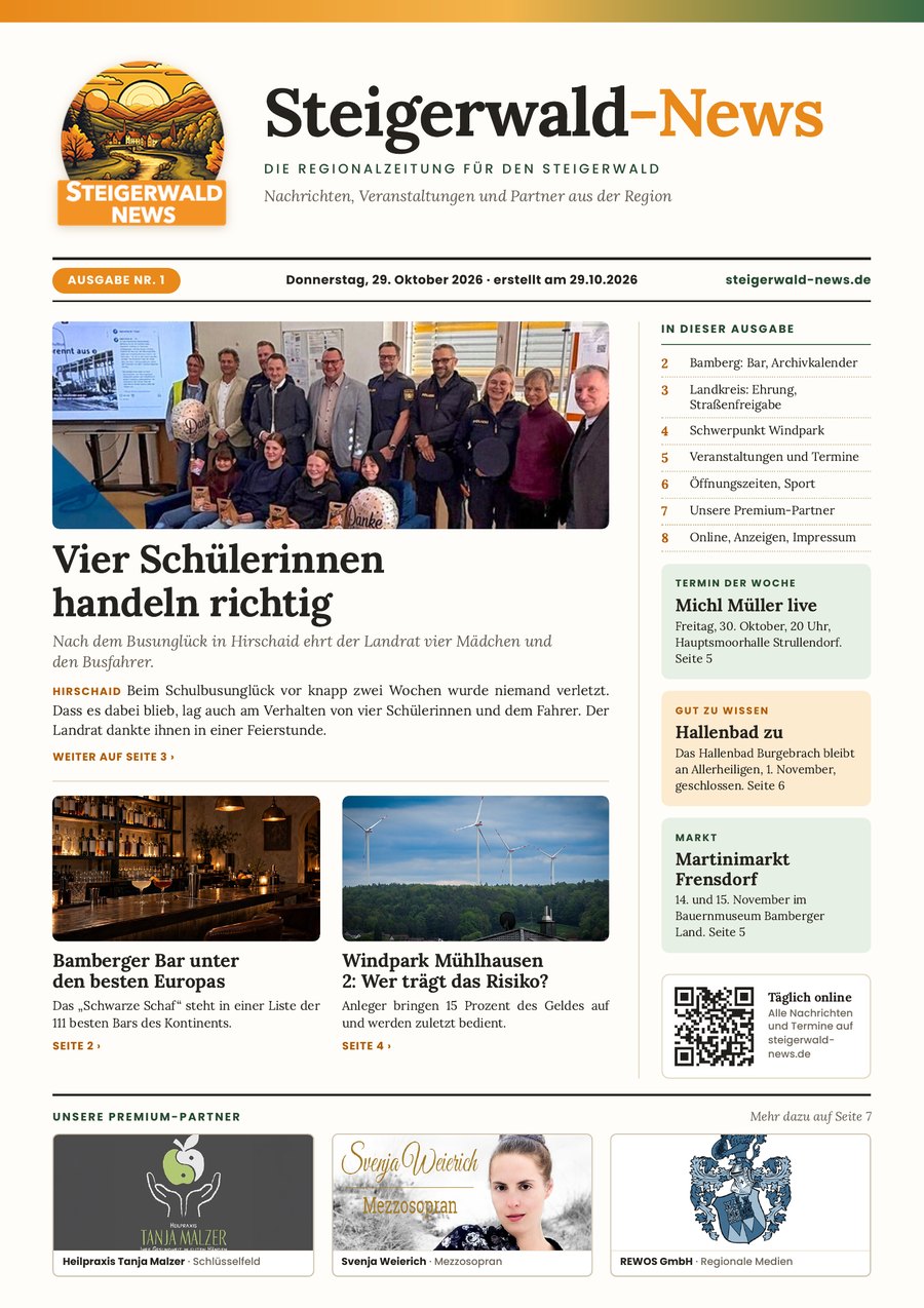Titelseite der Steigerwald-News-Zeitung, Ausgabe Nr. 1 vom 29. Oktober 2026