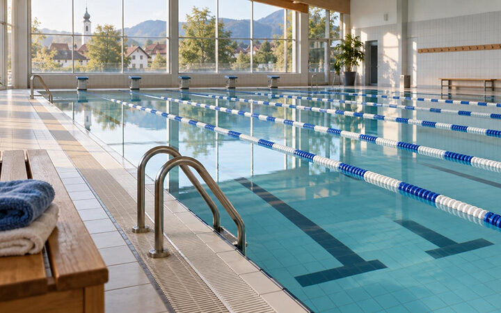 Leeres Hallenbad mit Bahnleinen und ruhigem Wasser, Symbolbild für die Öffnungszeiten in Burgebrach