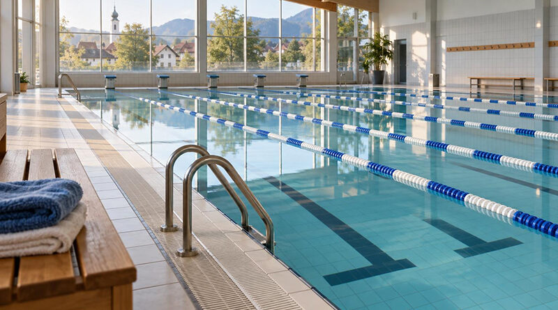 Leeres Hallenbad mit Bahnleinen und ruhigem Wasser, Symbolbild für die Öffnungszeiten in Burgebrach