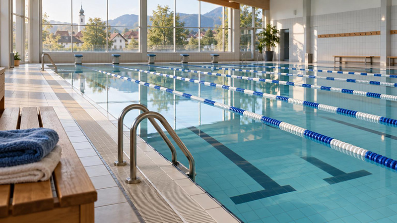 Leeres Hallenbad mit Bahnleinen und ruhigem Wasser, Symbolbild für die Öffnungszeiten in Burgebrach