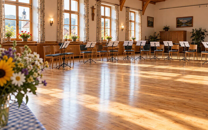 Heller Saal mit Holzboden und Stühlen mit Notenständern für Chor und Tanzen, Symbolbild für die Termine in Burgwindheim