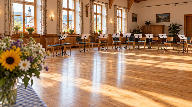 Heller Saal mit Holzboden und Stühlen mit Notenständern für Chor und Tanzen, Symbolbild für die Termine in Burgwindheim