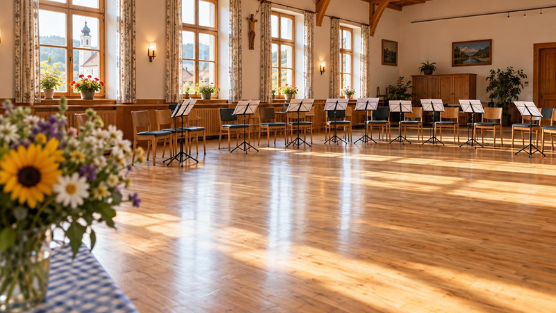 Heller Saal mit Holzboden und Stühlen mit Notenständern für Chor und Tanzen, Symbolbild für die Termine in Burgwindheim