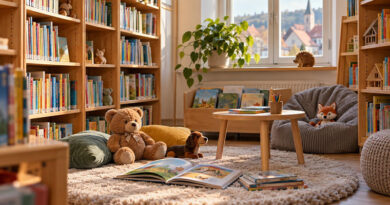 Kinderleseecke mit Bücherregalen, Teppich und Plüschtieren, Symbolbild für Büchereien und Familienangebote in Schlüsselfeld