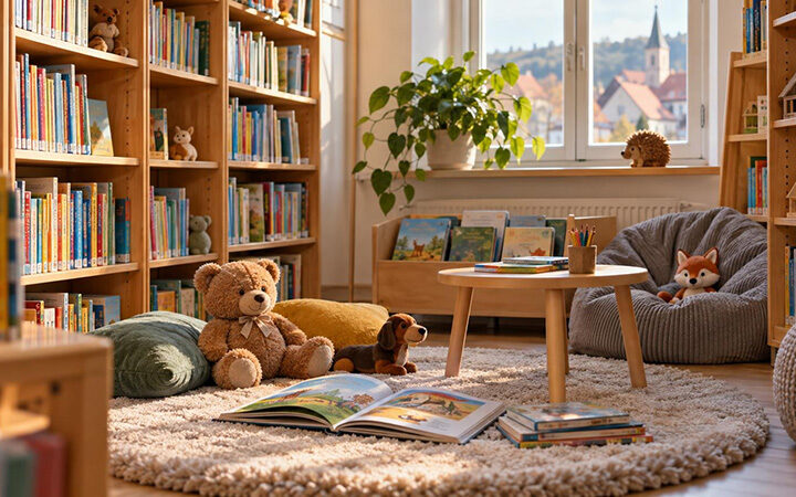 Kinderleseecke mit Bücherregalen, Teppich und Plüschtieren, Symbolbild für Büchereien und Familienangebote in Schlüsselfeld