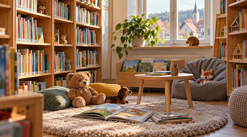 Kinderleseecke mit Bücherregalen, Teppich und Plüschtieren, Symbolbild für Büchereien und Familienangebote in Schlüsselfeld