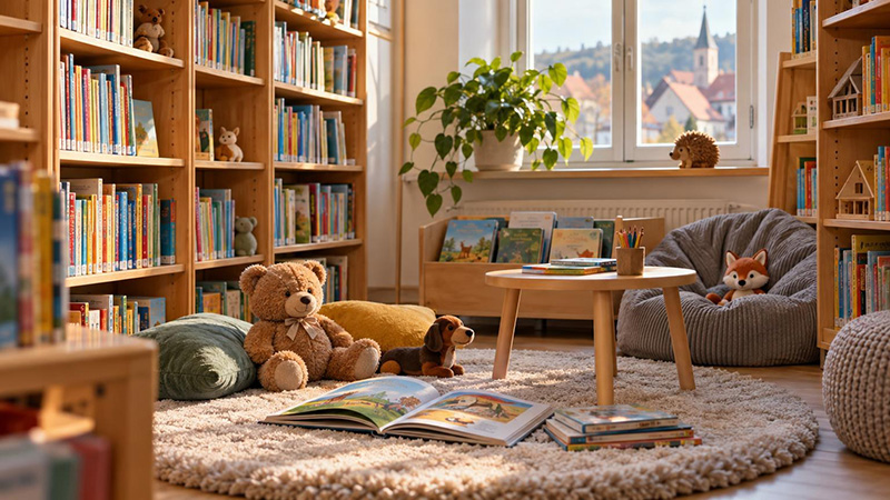 Kinderleseecke mit Bücherregalen, Teppich und Plüschtieren, Symbolbild für Büchereien und Familienangebote in Schlüsselfeld