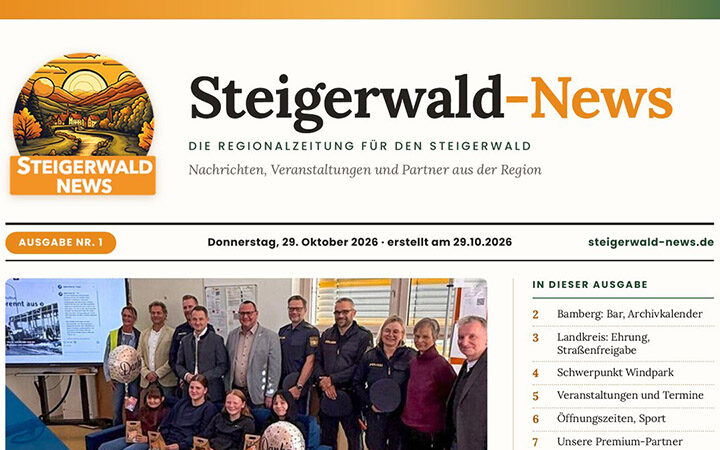 Titelseite der Steigerwald-News-Zeitung, Ausgabe Nr. 1 vom 29. Oktober 2026 - Kurier - Zeitung Bamberg, Zeitung Neustadt Aisch, Zeitung Höchstadt Aisch.