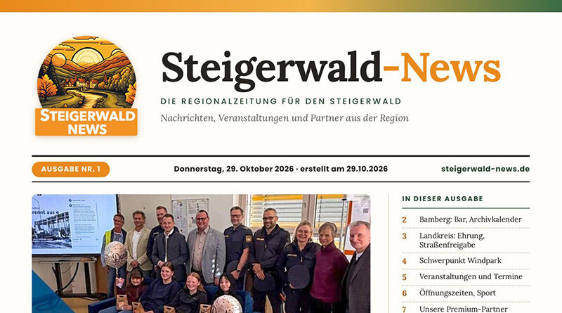 Titelseite der Steigerwald-News-Zeitung, Ausgabe Nr. 1 vom 29. Oktober 2026 - Kurier - Zeitung Bamberg, Zeitung Neustadt Aisch, Zeitung Höchstadt Aisch.