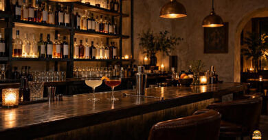 Dunkle Holztheke einer Cocktailbar mit zwei Cocktails, Flaschenregal und warmem Licht. Zum Artikel Bamberg: „Das Schwarze Schaf“ gehört zu den 111 besten Bars Europas
