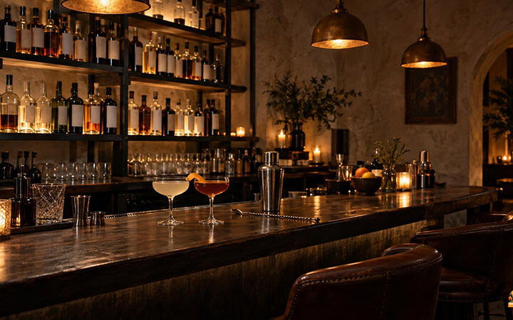 Dunkle Holztheke einer Cocktailbar mit zwei Cocktails, Flaschenregal und warmem Licht. Zum Artikel Bamberg: „Das Schwarze Schaf“ gehört zu den 111 besten Bars Europas
