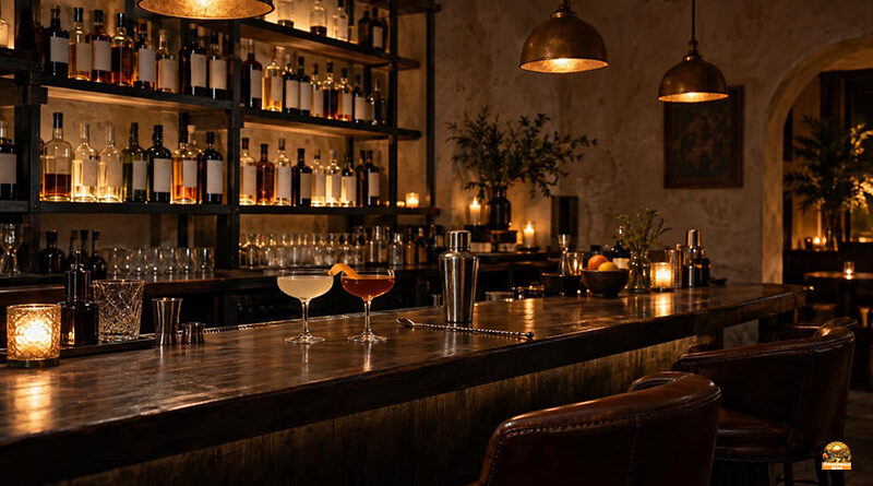Dunkle Holztheke einer Cocktailbar mit zwei Cocktails, Flaschenregal und warmem Licht. Zum Artikel Bamberg: „Das Schwarze Schaf“ gehört zu den 111 besten Bars Europas