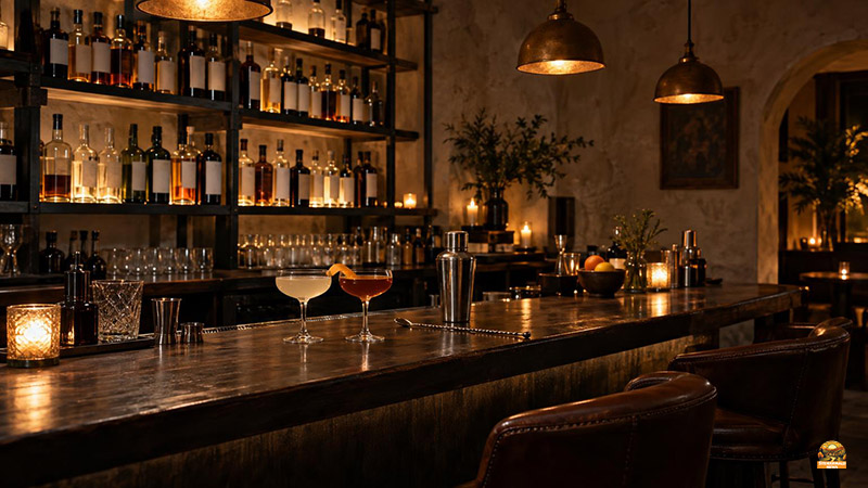 Dunkle Holztheke einer Cocktailbar mit zwei Cocktails, Flaschenregal und warmem Licht. Zum Artikel Bamberg: „Das Schwarze Schaf“ gehört zu den 111 besten Bars Europas