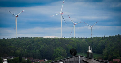Vier Windräder bei Mühlhausen ragen über dem Steigerwald im Landkreis Erlangen-Höchstadt hervor.